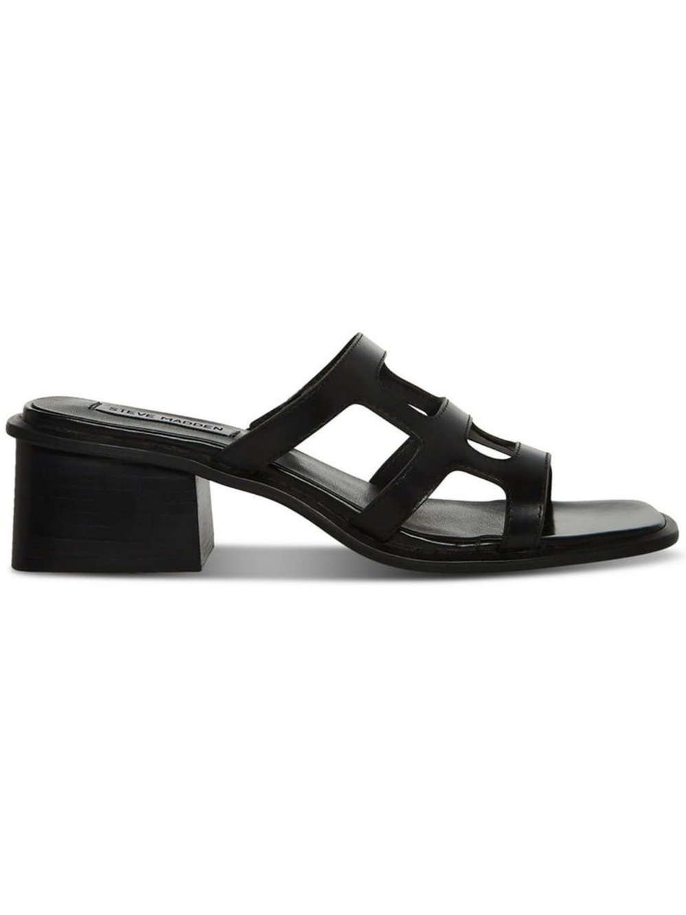 Steve Madden “Princess” Strappy Slide Sandals Black Leather block Heels size 7.5